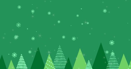 Animation of snowflakes falling over christmas tree icons against green background - Powered by Adobe