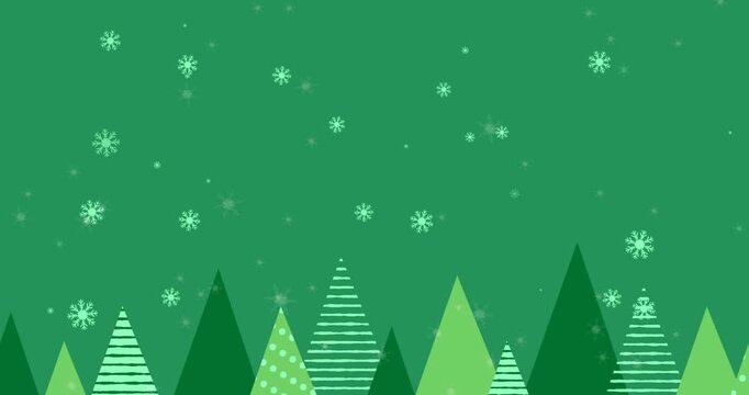 Animation of snowflakes falling over christmas tree icons against green background