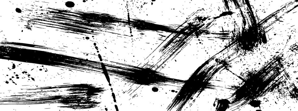 Aggressive Black Ink Brush Strokes and Splatter Grunge Texture Abstract Background