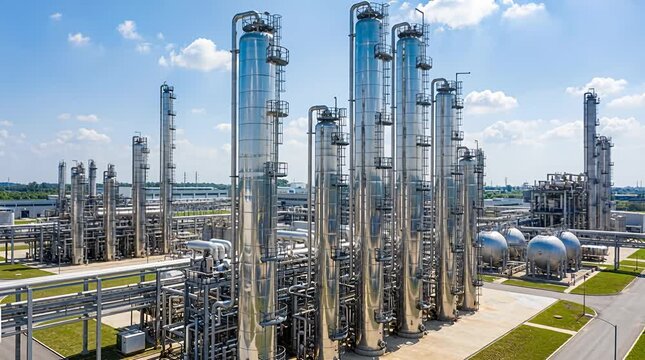Aerial view industrial complex distillation towers and tanks in manufacturing plant energy sector.