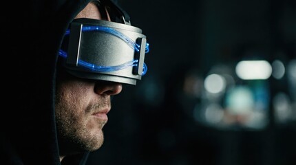 Cinematic side profile of a person wearing a futuristic neural interface headset with copy space for text