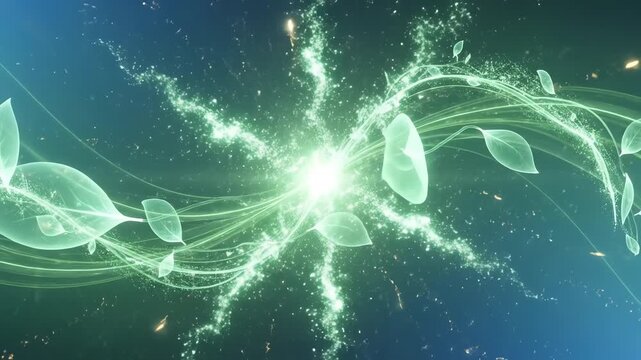 Vibrant green energy burst with glowing ethereal leaves and swirling tendrils against a dark, abstract background, symbolizing growth and vitality.