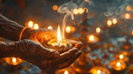 Illuminating Traditions: Hands cradle a gently glowing oil lamp, casting a warm, inviting light amidst a sea of twinkling flames, symbolizing hope and spirituality.
