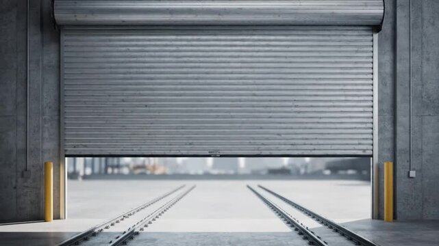 Industrial warehouse rolling shutter rising revealing city skyline and railroad tracks on a sunny day