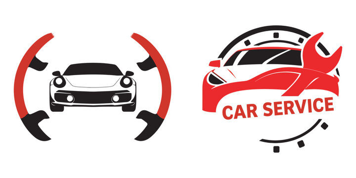 Car service emblem with front view vehicle framed by large steering wheel