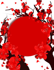 chinese new year template with plum blossom branch, circle red banner on transparent background.