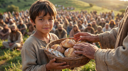 Biblical lad helping Jesus by providing five barley loaves and two small fish. Miracle of the feeding of the five thousand with the crowd seated on the grass background.