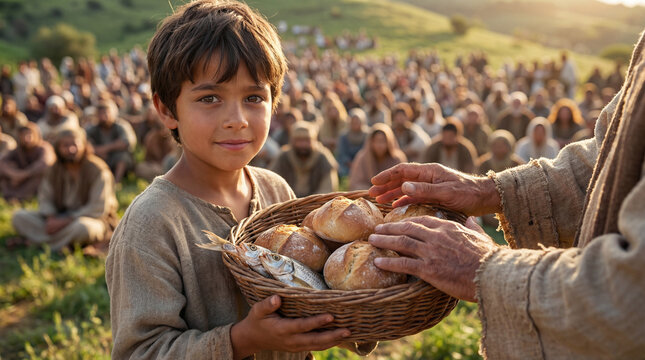 Biblical lad helping Jesus by providing five barley loaves and two small fish. Miracle of the feeding of the five thousand with the crowd seated on the grass background.