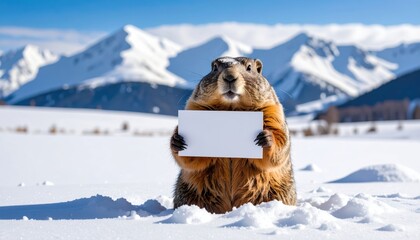 Groundhog holding blank white sign in snowy mountains, copy space, Groundhog Day concept