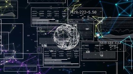 Animation of data processing over globe of network of connections against glowing plexus networks - Powered by Adobe