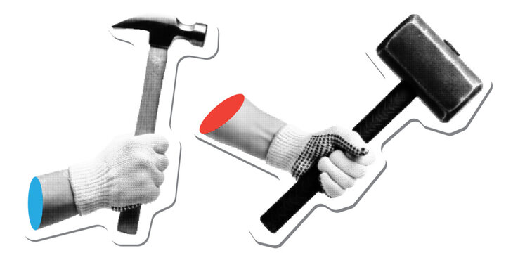 Hands holding hammer and sledgehammer, retro halftone pop art style construction tools illustration