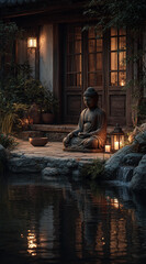 Fototapeta premium A tranquil Zen garden with an open meditation space, adorned with smooth stones and water features. A Buddha statue stands in the center, surrounded by hanging lanterns and serene details. Small metal