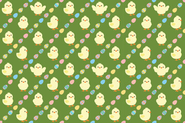Cute Easter Chicks and Eggs Seamless Spring Pattern Easter Chicks with Decorated Eggs Seamless Cute Green and Yellow Seamless Spring Background