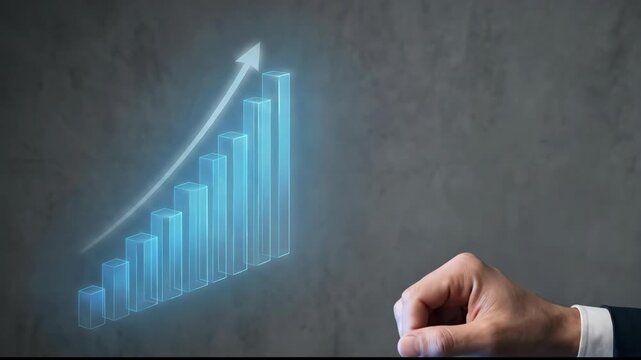 Businessman Hand Gestures Towards Glowing 3D Bar Graph with Upward Trend, Interacting and Pointing at Digital Graph Symbolizing Growth and Success