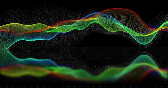 Looping animation. Abstract sine waves shimmer with colors over the mirror floor, creating a mesmerizing visual effect. The dynamics of the lines immerse you in the atmosphere of digital aesthetics.