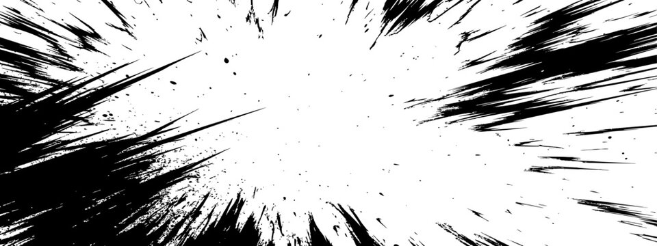 Abstract black ink grunge radial splash background vector illustration with dynamic exploding brush strokes and splatters