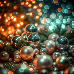 christmas ornaments with pine branches and warm bokeh lights on festive surface