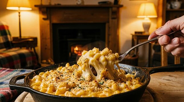 Comforting baked macaroni and cheese dish with gooey cheese pull and fireplace backdrop macaroni, pasta.