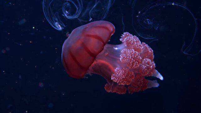 Beautiful Red Jellyfish Swimming in Deep Dark Water