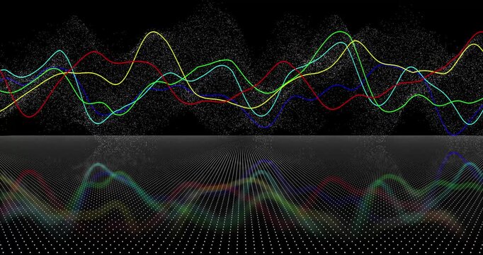 Looping animation. Abstract sine waves shimmer with colors over the mirror floor, creating a mesmerizing visual effect. The dynamics of the lines immerse you in the atmosphere of digital aesthetics.