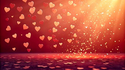 Red Heart Confetti Shower with Golden Light Rays, Romantic Love Celebration Backdrop, Festive Sparkle