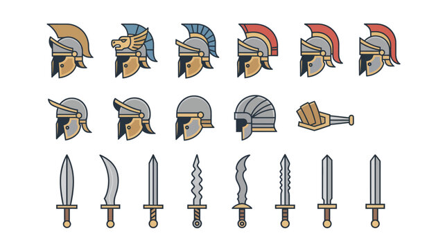 Ancient Greek Roman Warrior Helmets and Swords.