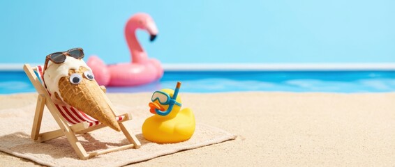 Surreal beach scene featuring a sunglasses-wearing ice cream cone and rubber duck tropical setting fun and whimsical environment playful viewpoint
