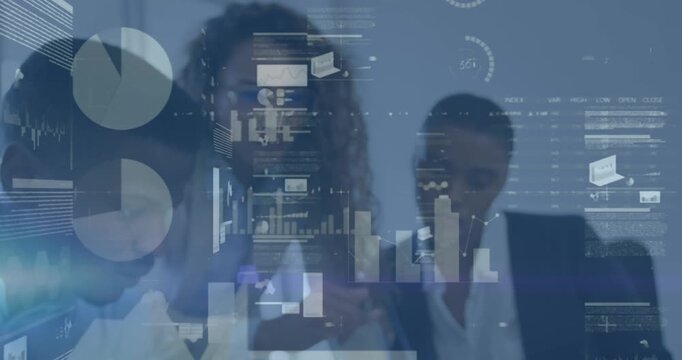 Animation of graphs, loading circles, trading board over diverse coworkers sharing ideas in office