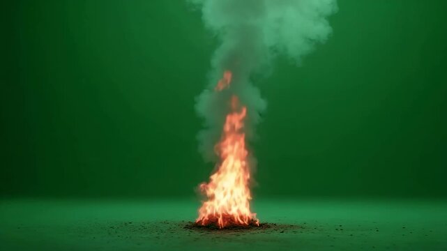 A small fire burning on the ground with smoke rising up on green background
