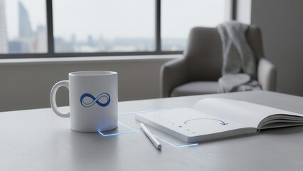 Modern workspace with infinity symbol mug, connected notebook, and city view inspiring endless ideas
