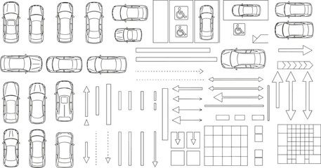 Parking lot top view elements, car silhouettes illustration, directional arrows, parking markings, disabled spaces icons, urban traffic design set, transportation planning symbols collection © Hello World