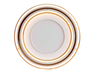 A circular white surface surrounded by illuminated golden rings