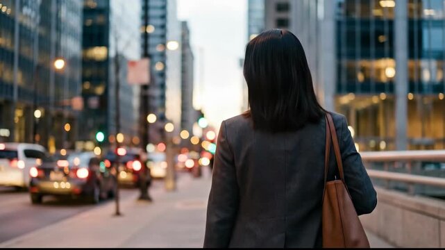 Woman with Shoulder Length Dark Hair Navigates Bustling City Street at Dusk Amidst Tall Buildings and Traffic