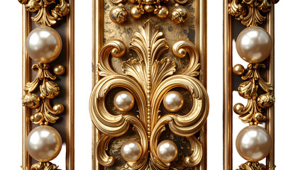 Ornate golden panel with pearls and scrolling relief against a dark border