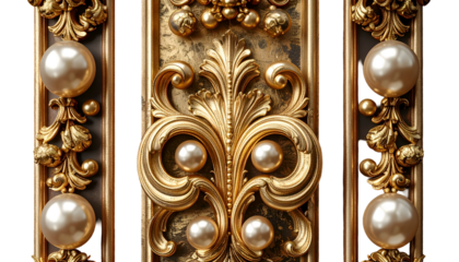 Ornate golden panel with pearls and scrolling relief against a dark border