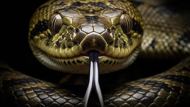 Macro Portrait of a Large Python Snake Face with Intense Eyes on Black Background