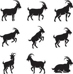 Obraz premium Vector Silhouette Icon Set of Goat Action Poses Showing Standing Walking Climbing Rearing and Resting Farm Animal Movement Illustration Livestock Rural Agriculture Nature Wildlife Pasture Design