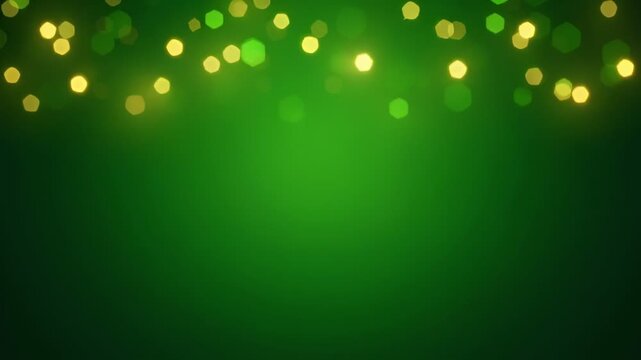 Green and gold bokeh background with soft glowing lights. Abstract holiday or festive texture for design and decoration with copy space