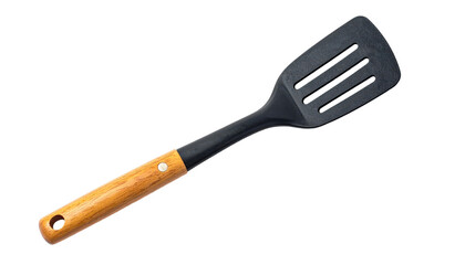 Black Slotted Spatula With Wooden Handle Isolated On Transparent Background For Cooking And Kitchenware Product Photography And Culinary Projects