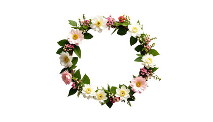Floral Wreath with white and Pink Flowers on Transparent Background for Wedding Invitations and Spring Decorations Isolated Cutout for Graphic Design Projects