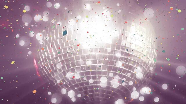 Animation of confetti falling over mirror disco ball on purple background
