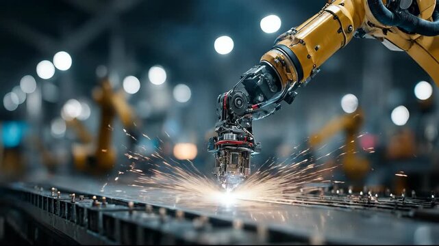 Robotic Arm Welding Metal on Automated Production Line with Precision, Emitting Bright Sparks in Industrial Factory Setting