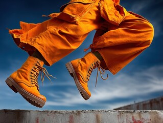 orange boots jumping midair over wall, parkour athlete executing bold urban leap, baggy orange trousers