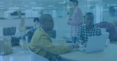 Animation of financial data processing over diverse colleagues discussing work in office - Powered by Adobe