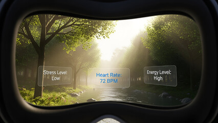 Immersive virtual reality headset displays real time biometric data including low stress heart rate and high energy levels while viewing a sunny forest stream