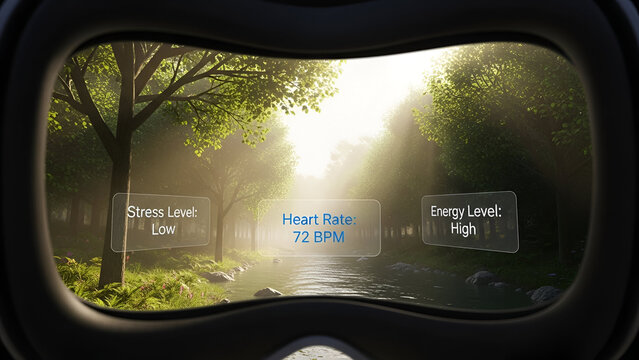 Immersive virtual reality headset displays real time biometric data including low stress heart rate and high energy levels while viewing a sunny forest stream - Powered by Adobe