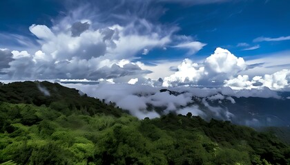 Obraz premium A vibrant vista reveals verdant mountain slopes beneath a dynamic sky filled with dramatic clouds. Hues range from lush green to azure blue
