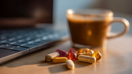 Taking vitamins and supplements daily with coffee at your desk, maintaining a healthy lifestyle and well-being