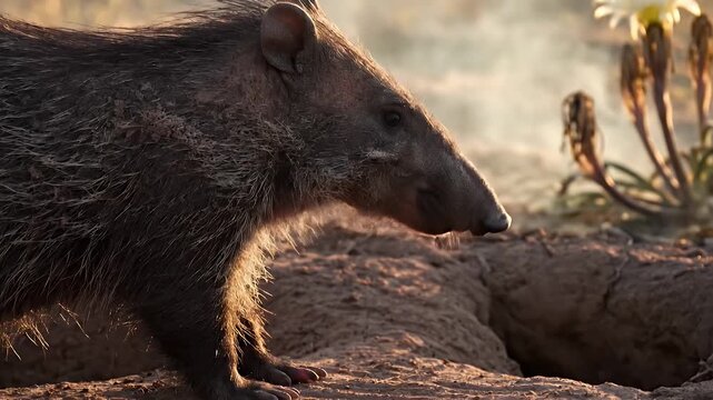 Close up of Chacoan Peccary sniffing the ground at sunset in the desert