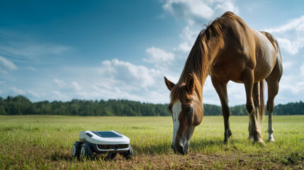Horses grazing on a green meadow next to a small autonomous robot, smart farming and animal monitoring